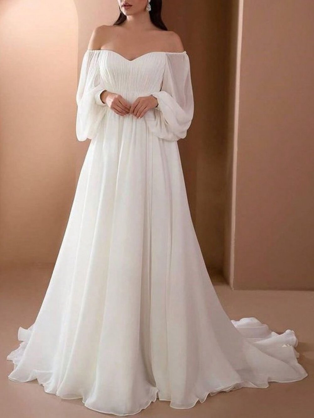 White Boho Women's Chiffon Off The Shoulder Long Sleeve A-Line Maxi Dress - Picture 7 of 9